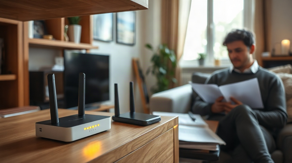 Routeur internet au voyant orange sur une étagère, adulte l’observant