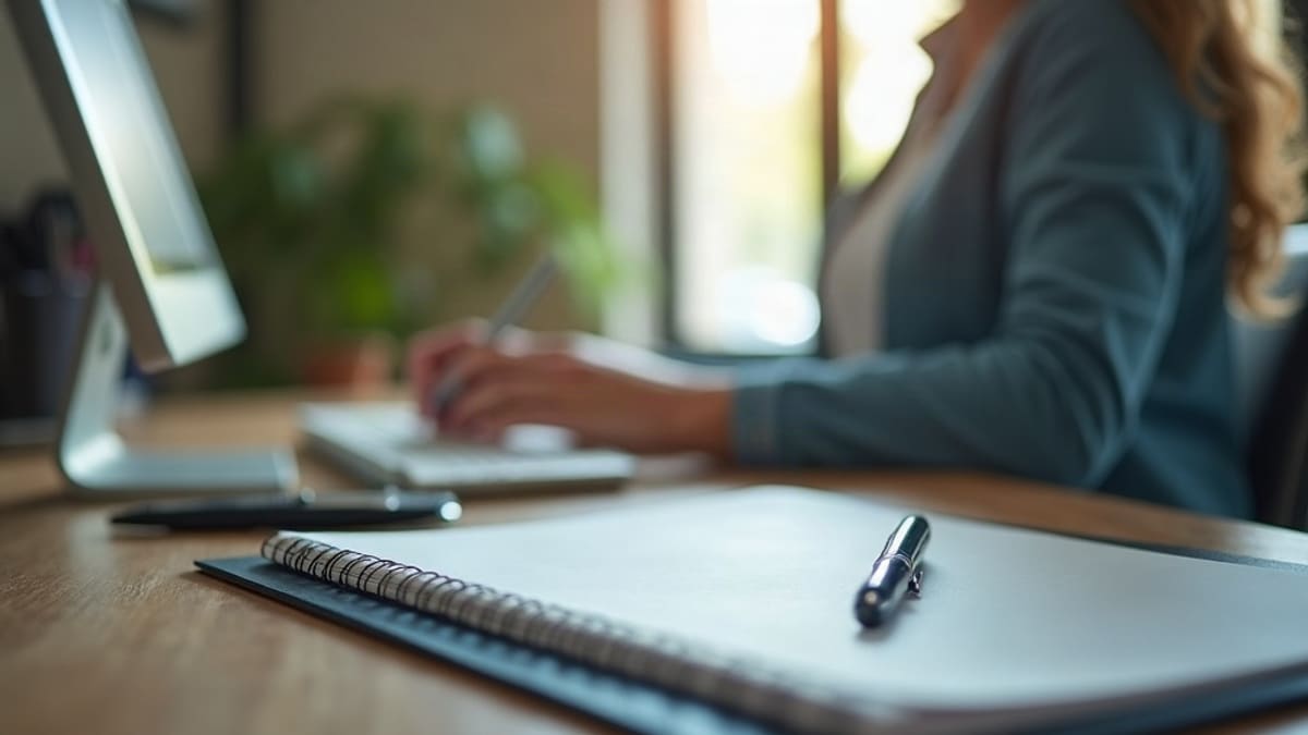 Un guichet de banque avec un dossier fermé et un stylo posés près d’un ordinateur