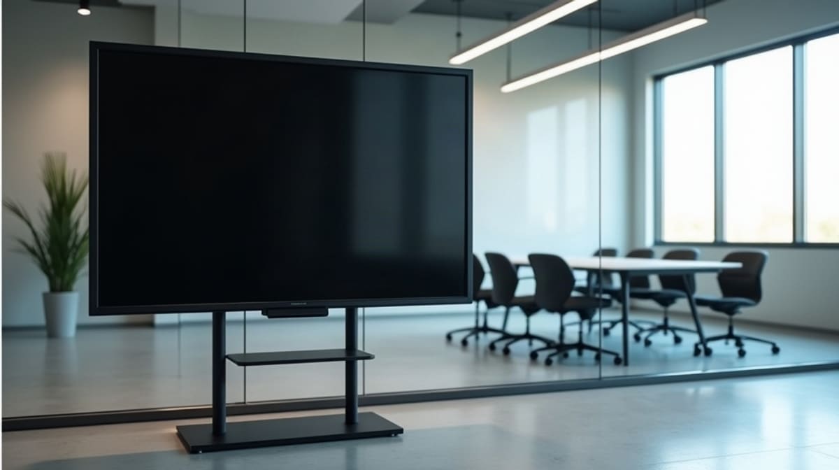 Salle de réunion vitrée avec un grand écran posé sur un support au sol