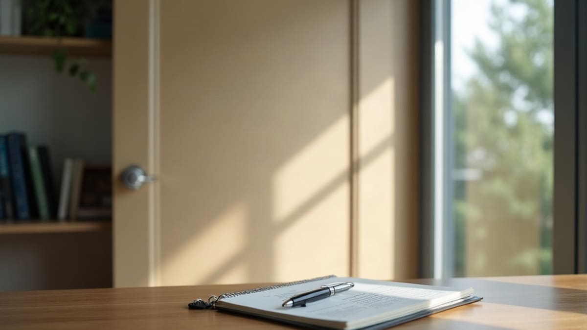 Un bureau avec un dossier et un stylo posés près d’une porte fermée