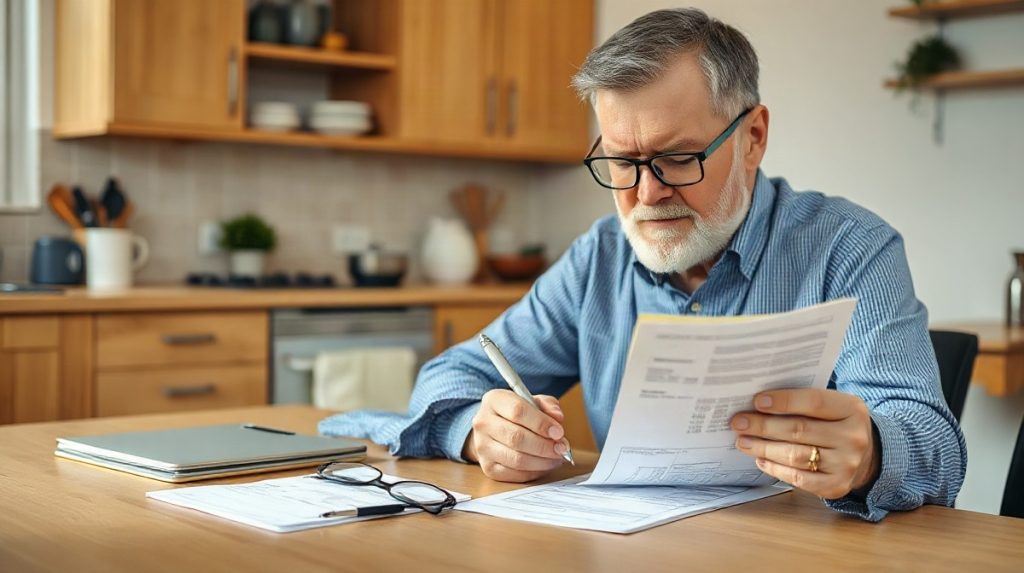 Personne examinant des documents avec un stylo à une table de cuisine