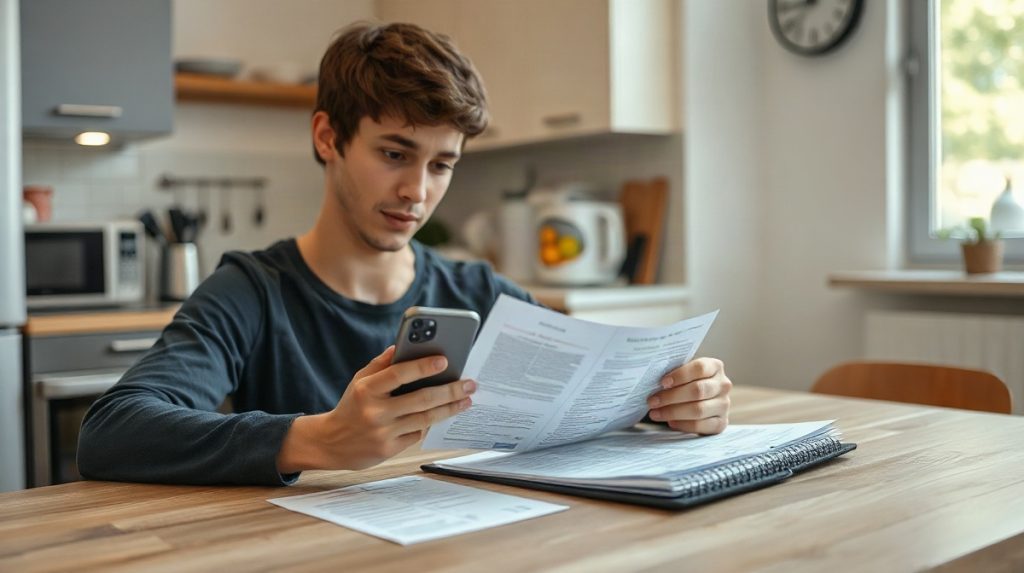 Jeune adulte assis à une table, consultant un téléphone près de papiers illisibles