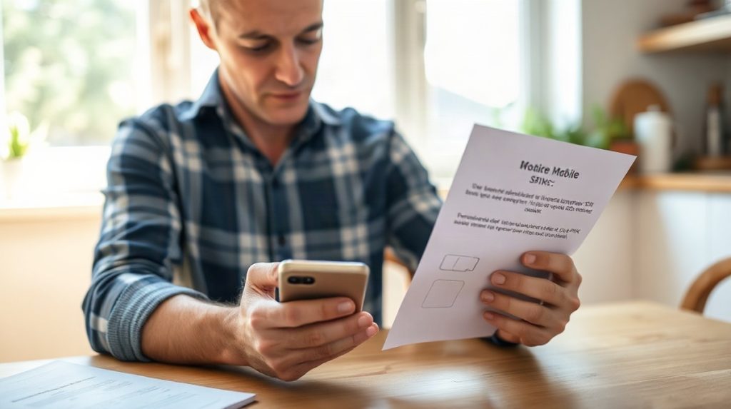 Adulte consultant un smartphone et un document imprimé à table