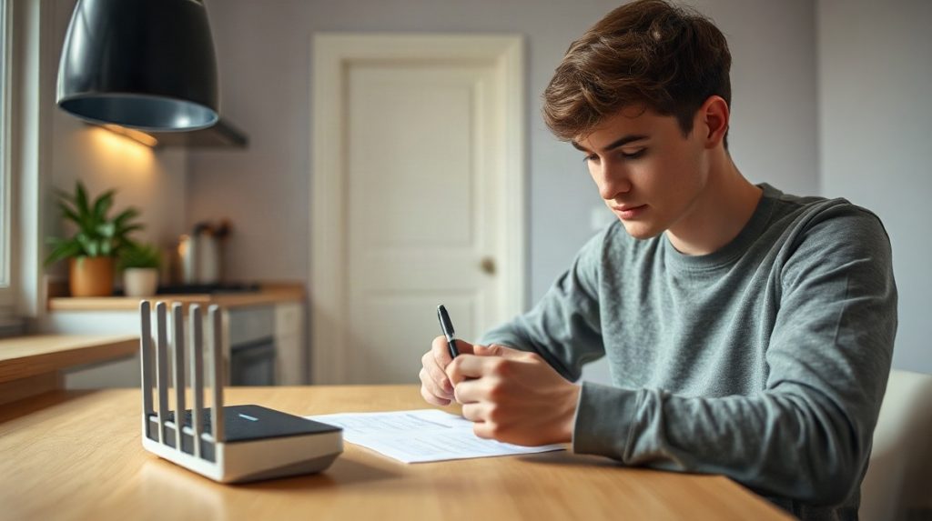 Jeune adulte examinant des documents d’abonnement près d’un routeur Wi-Fi