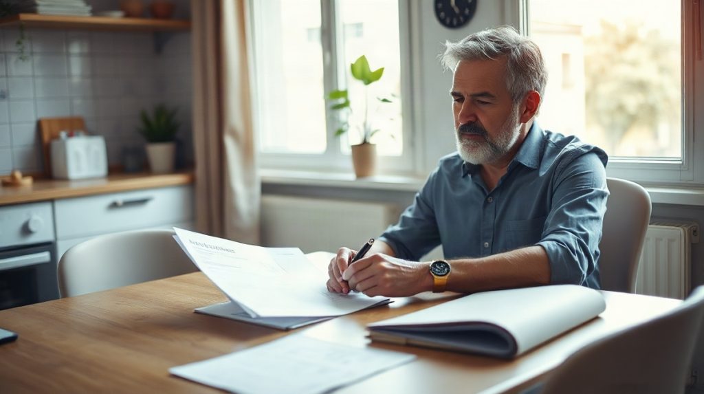 Employé français convalescent examinant des documents administratifs à table