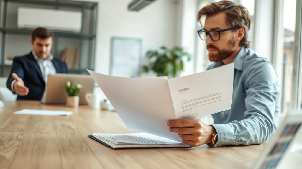 Entrepreneur français examinant des papiers avec un stylo à table