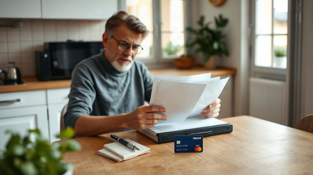Personne assise examinant des documents et une enveloppe, carte bancaire à côté