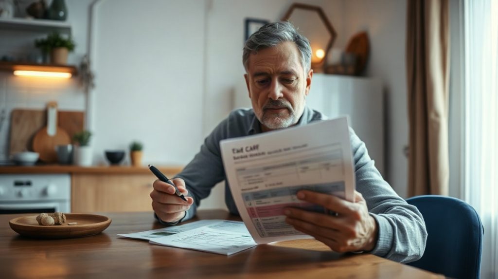 Locataire examinant une estimation d’aide au logement imprimée à table