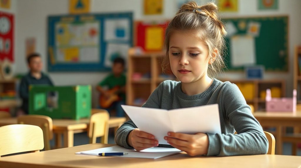ATSEM assise à une petite table, examinant des papiers de paie