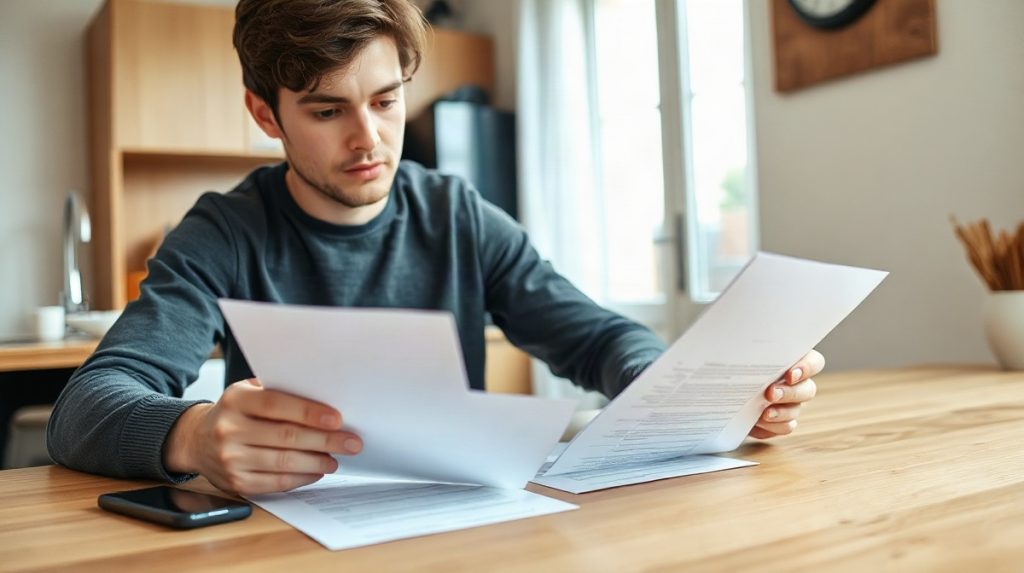Jeune adulte comparant plusieurs feuilles vierges à une table de cuisine