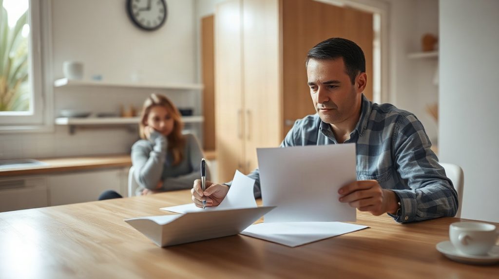 Un adulte consulte des documents vierges, une personne l’écoute attentivement
