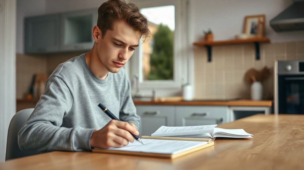 Jeune adulte français remplissant des formulaires papier à une table de cuisine