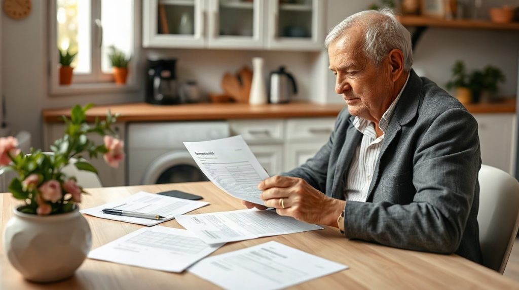 Retraité français consultant des documents officiels à une table de cuisine