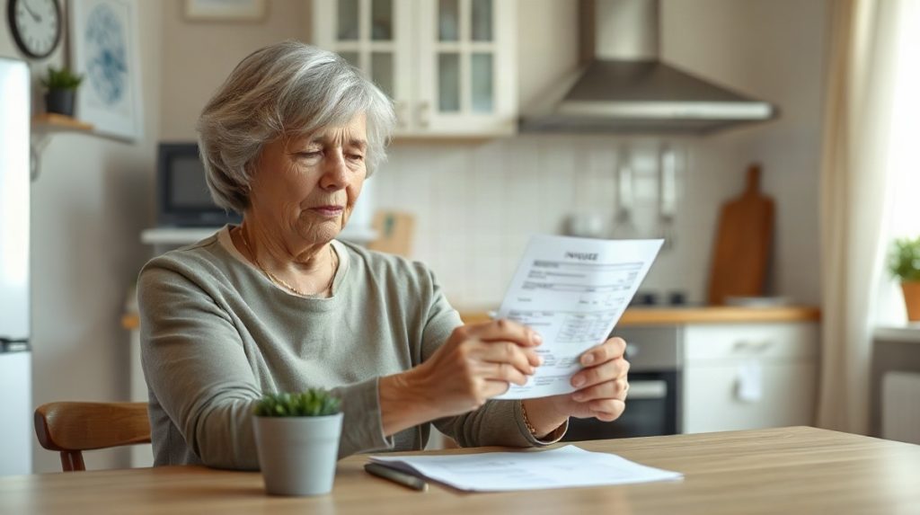 Femme assise comparant une facture papier et un reçu de paiement